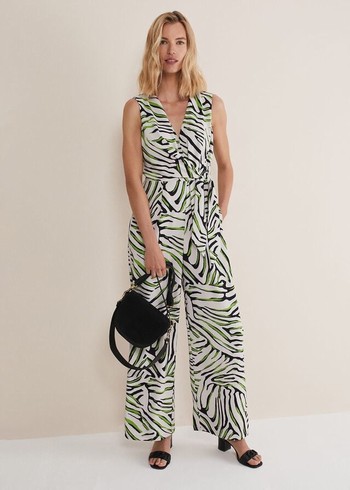 Phase Eight Tamsin Zebra Print Wide Leg Jumpsuit Green USA | 0863519-HN